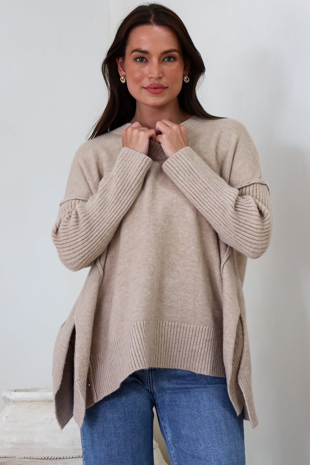 Ridge Jumper - V Neck Relaxed Shark Bite Ribbed Hemline Knit in Beige