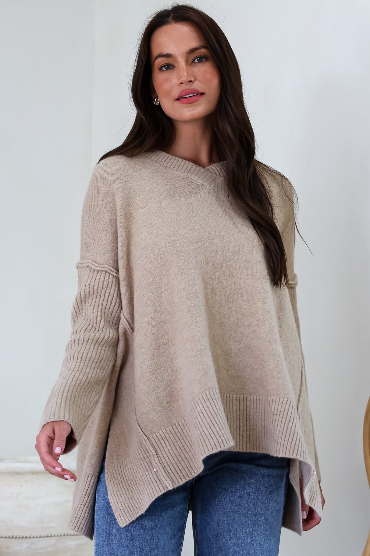 Ridge Jumper - V Neck Relaxed Shark Bite Ribbed Hemline Knit in Beige