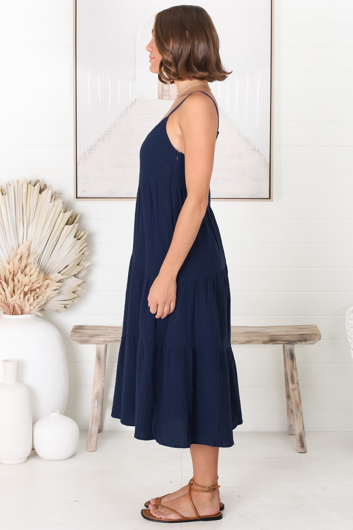Rinley Midi Dress - Adjustable Strap Tiered Dress in Navy