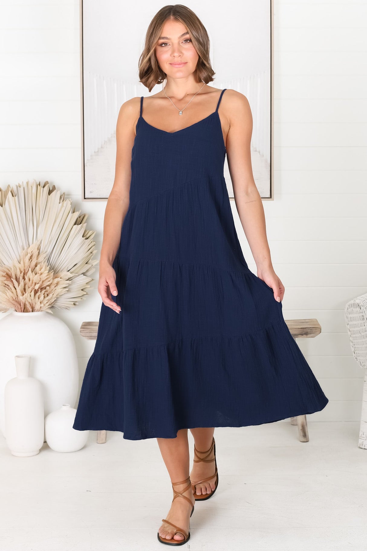 Rinley Midi Dress - Adjustable Strap Tiered Dress in Navy