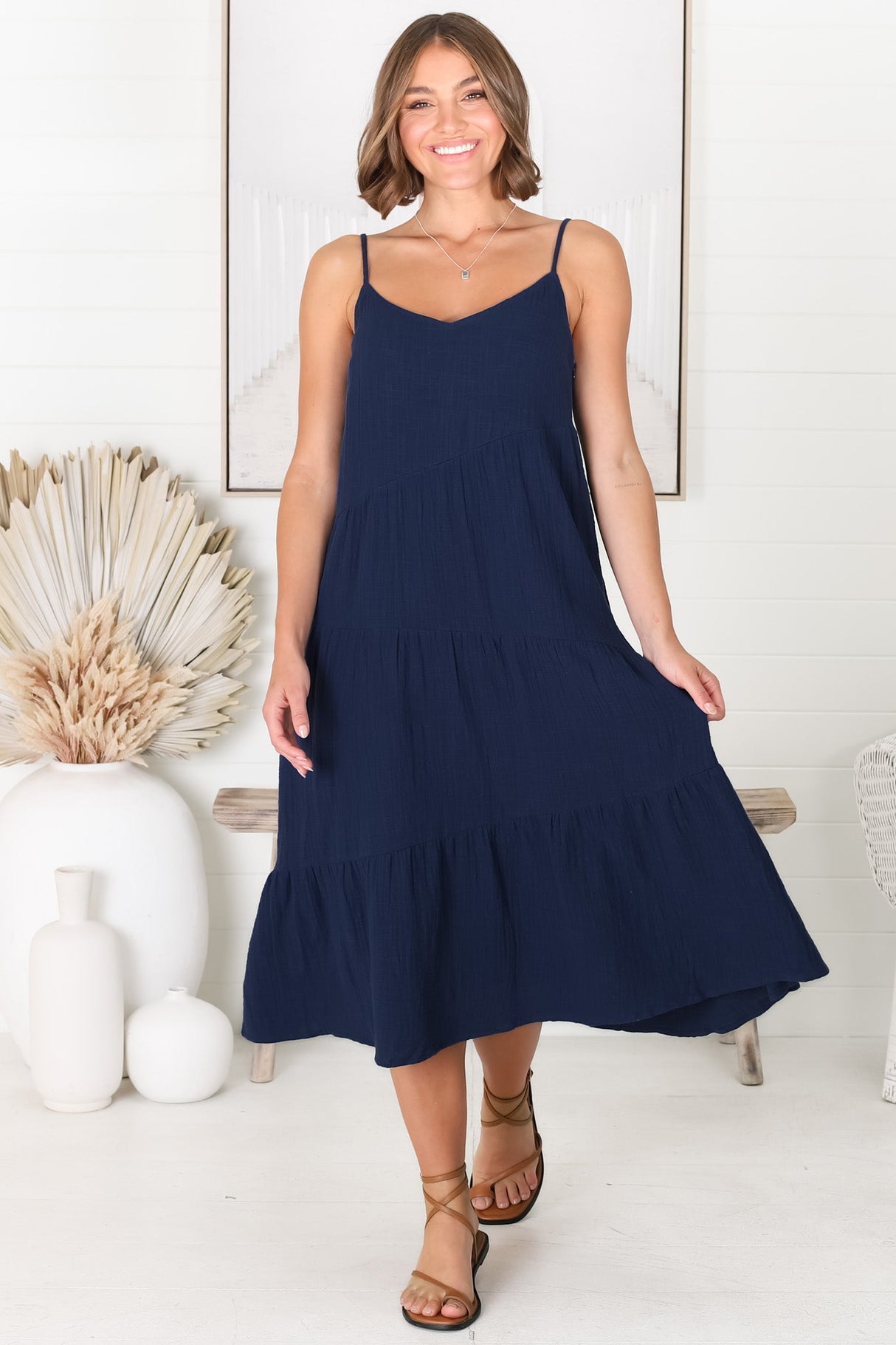 Rinley Midi Dress - Adjustable Strap Tiered Dress in Navy
