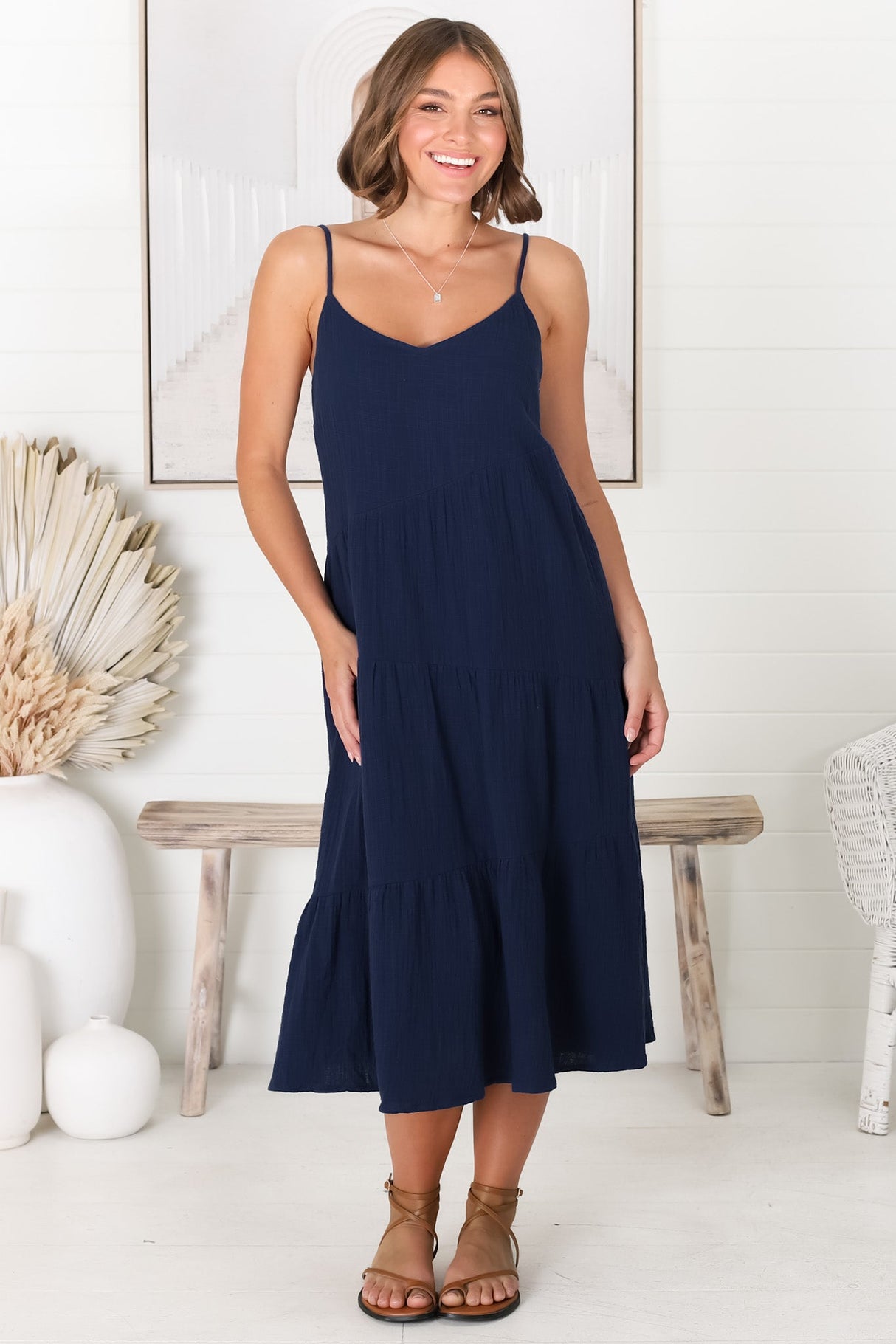 Rinley Midi Dress - Adjustable Strap Tiered Dress in Navy