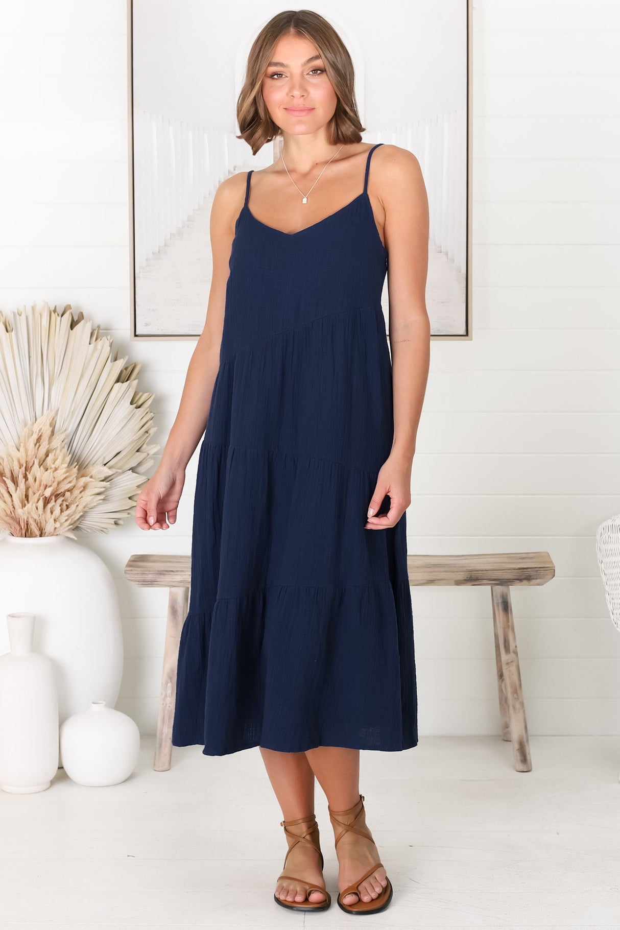 Rinley Midi Dress - Adjustable Strap Tiered Dress in Navy