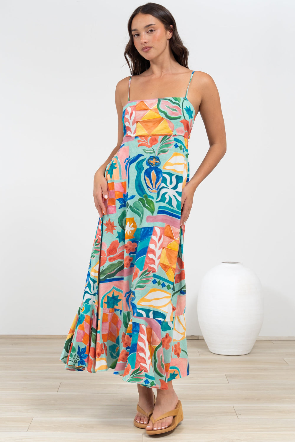Rinna Midi Dress - Adjustable Strap with Tie Back Sun Dress in Edel Print