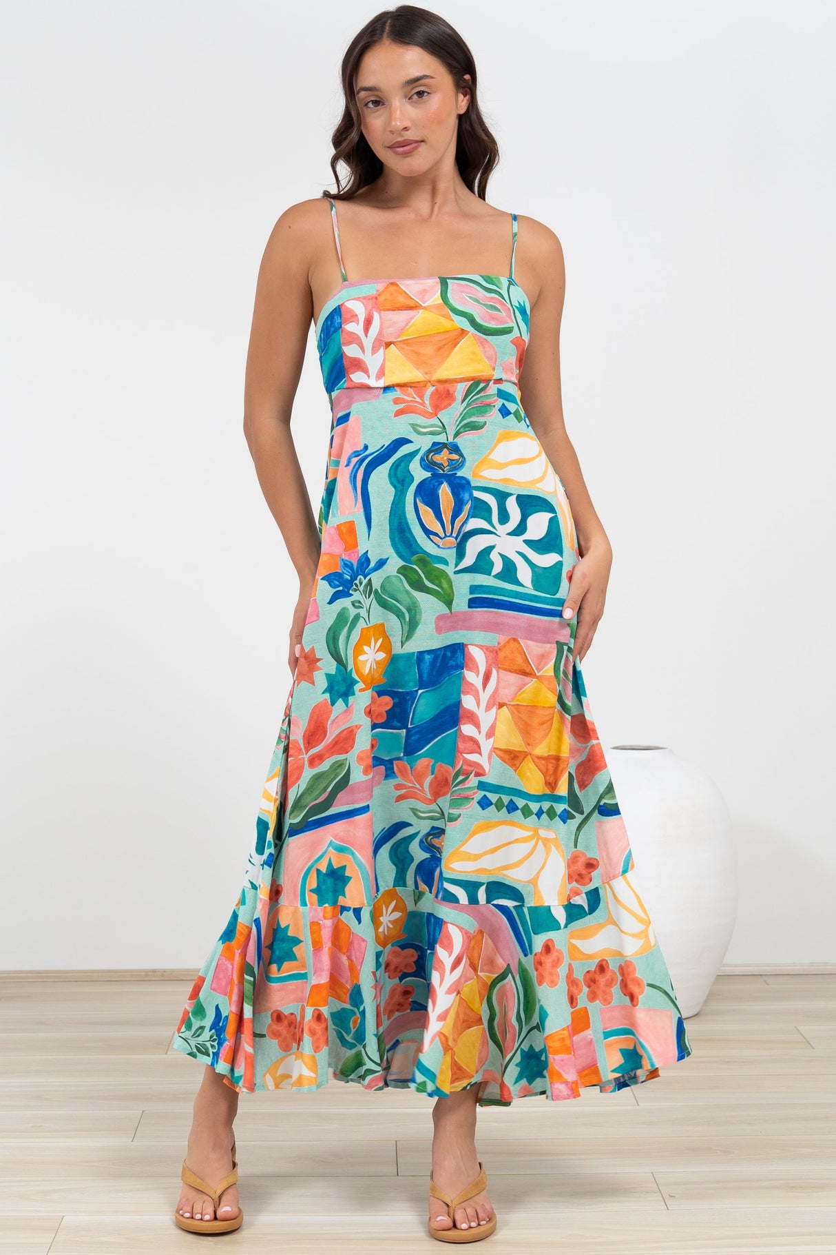 Rinna Midi Dress - Adjustable Strap with Tie Back Sun Dress in Edel Print