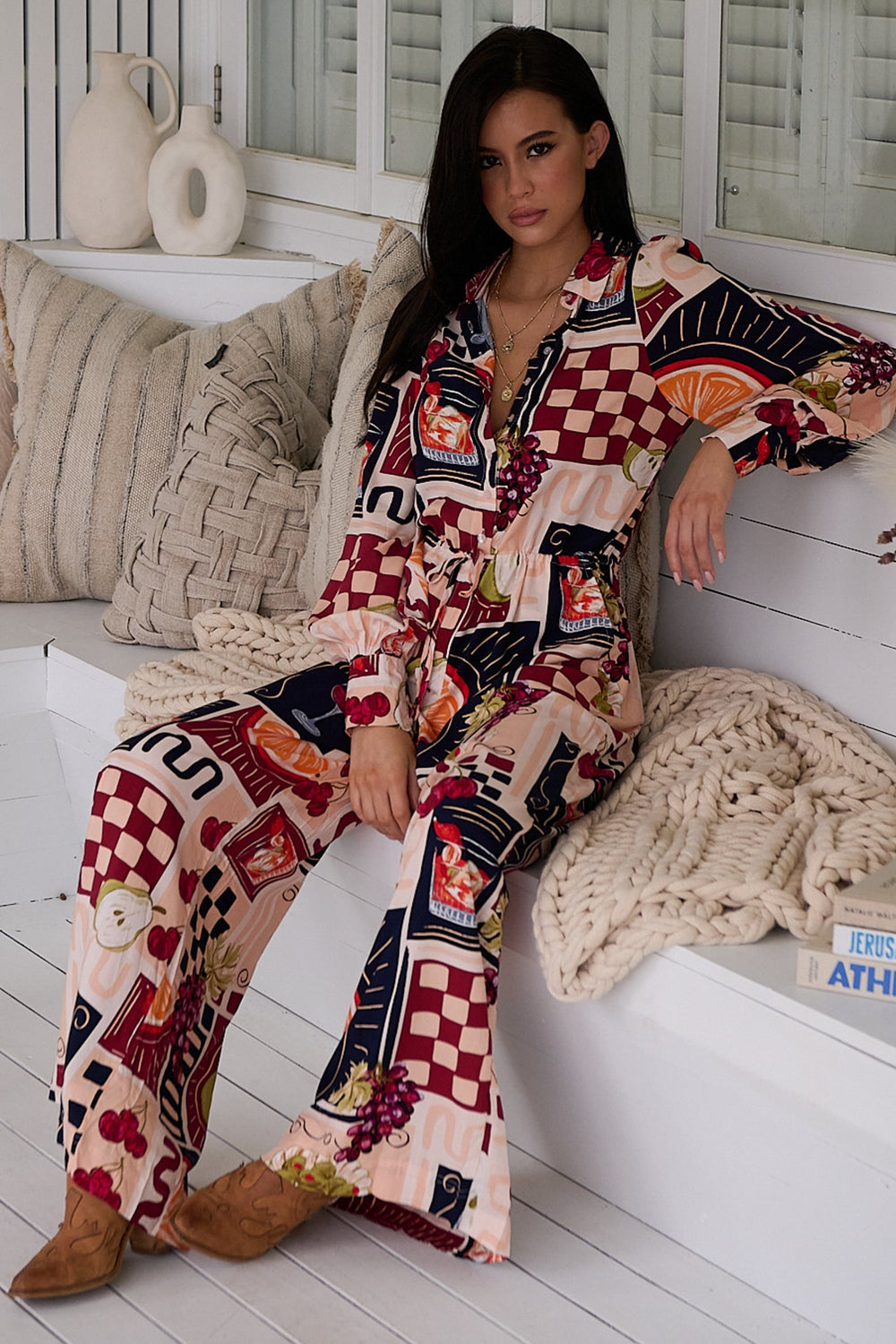 JAASE - Rita Jumpsuit: Mandarin Collar Balloon Sleeve Overalls in the Barossa Print
