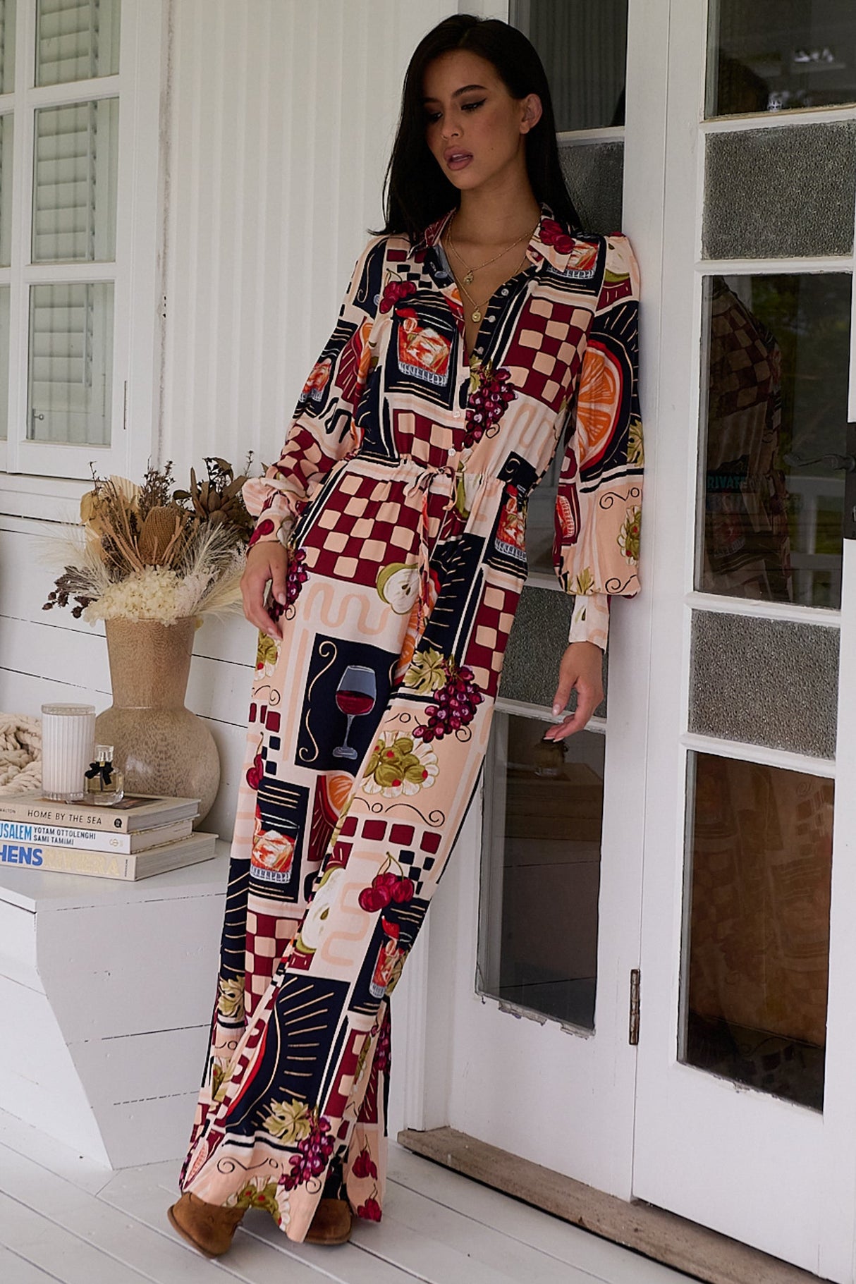 JAASE - Rita Jumpsuit: Mandarin Collar Balloon Sleeve Overalls in the Barossa Print