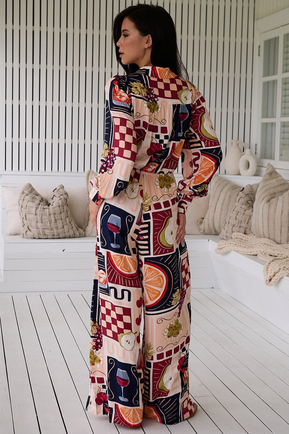 JAASE - Rita Jumpsuit: Mandarin Collar Balloon Sleeve Overalls in the Barossa Print