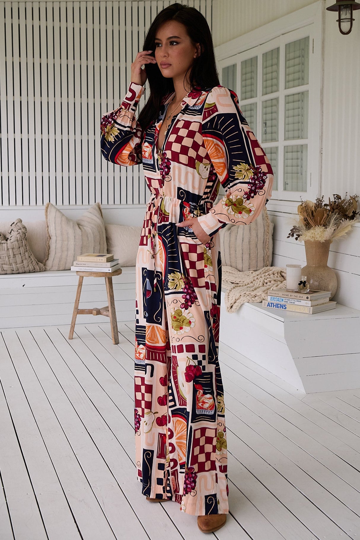 JAASE - Rita Jumpsuit: Mandarin Collar Balloon Sleeve Overalls in the Barossa Print