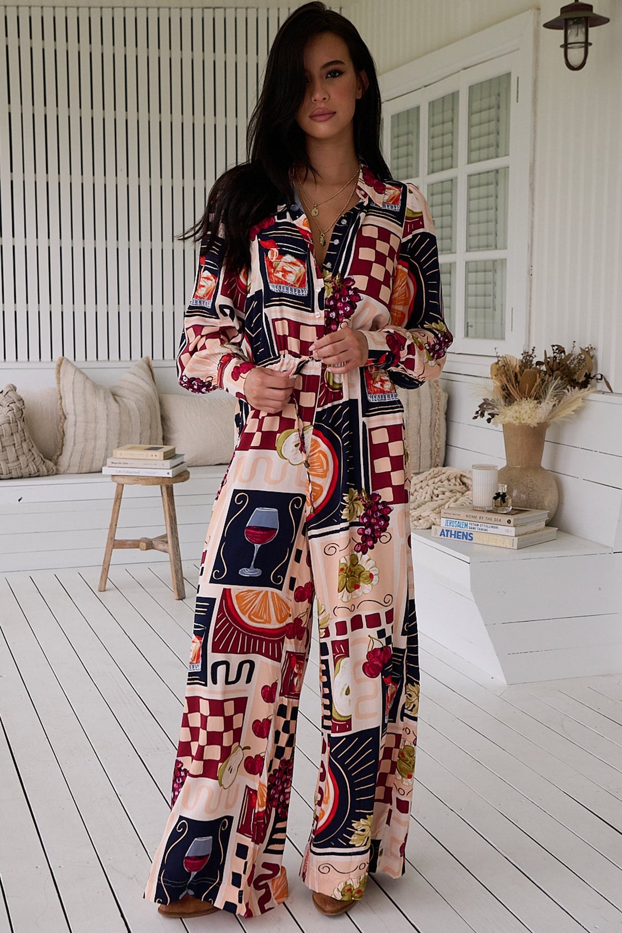 JAASE - Rita Jumpsuit: Mandarin Collar Balloon Sleeve Overalls in the Barossa Print
