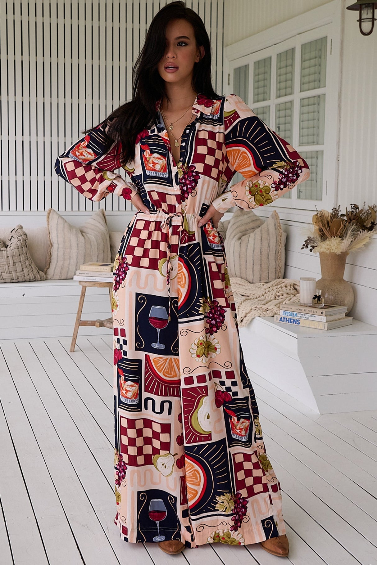 JAASE - Rita Jumpsuit: Mandarin Collar Balloon Sleeve Overalls in the Barossa Print