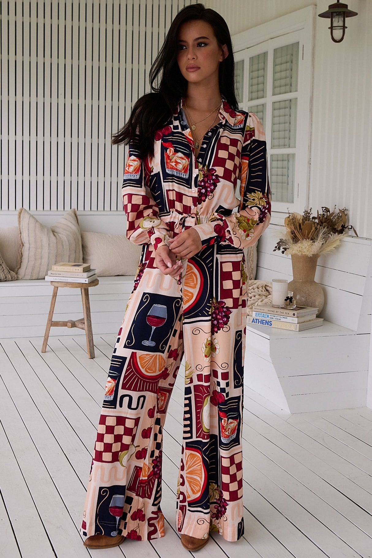 JAASE - Rita Jumpsuit: Mandarin Collar Balloon Sleeve Overalls in the Barossa Print