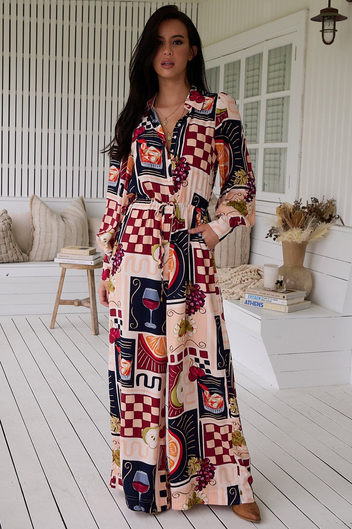 JAASE - Rita Jumpsuit: Mandarin Collar Balloon Sleeve Overalls in the Barossa Print