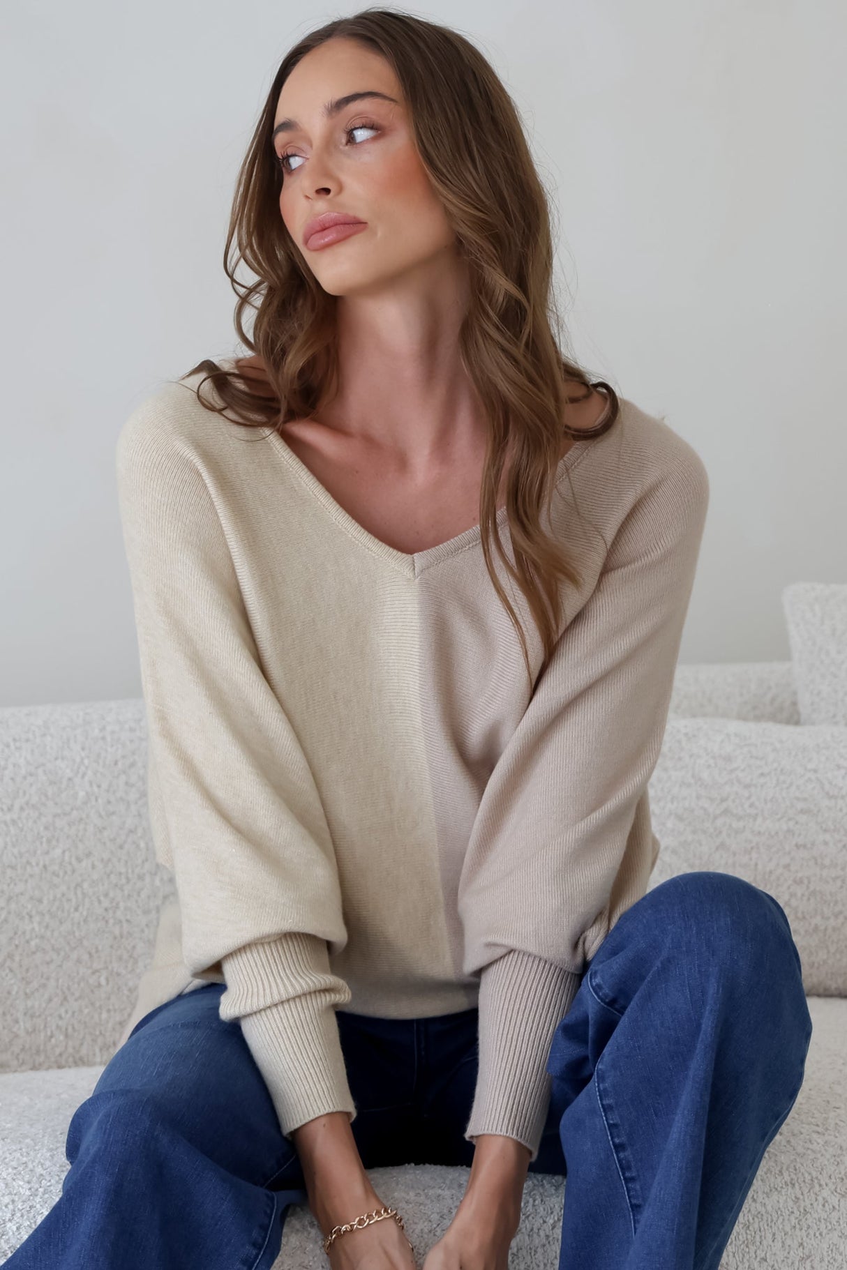 Riven Jumper - Two-Tone Colourblock Boxy Jumper in Beige