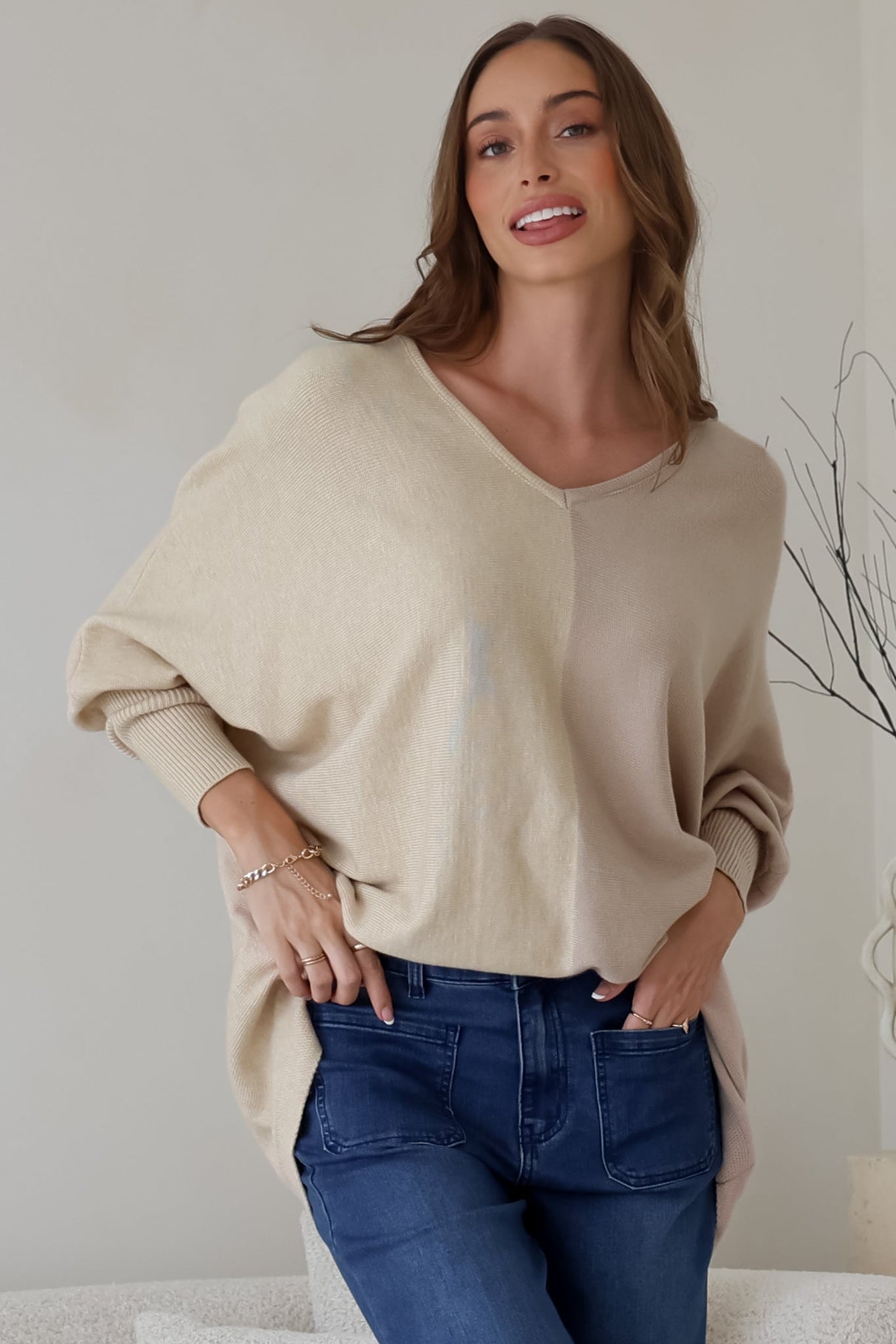 Riven Jumper - Two-Tone Colourblock Boxy Jumper in Beige