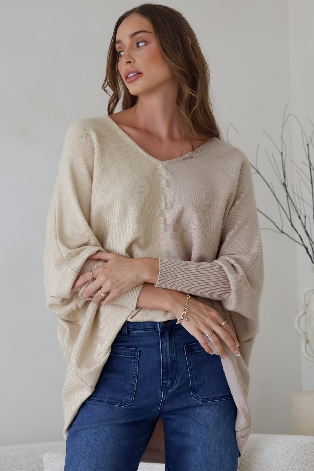 Riven Jumper - Two-Tone Colourblock Boxy Jumper in Beige