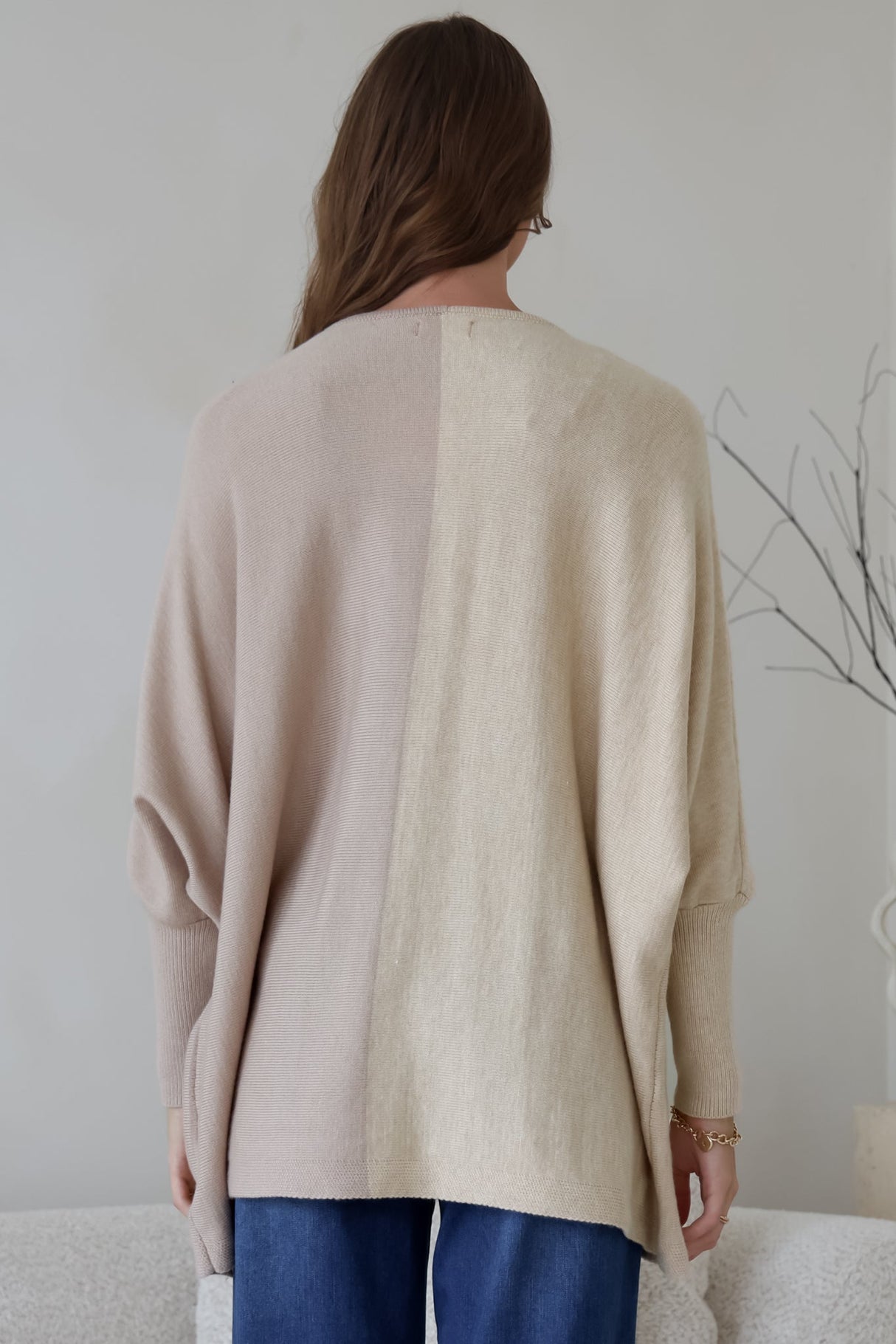Riven Jumper - Two-Tone Colourblock Boxy Jumper in Beige