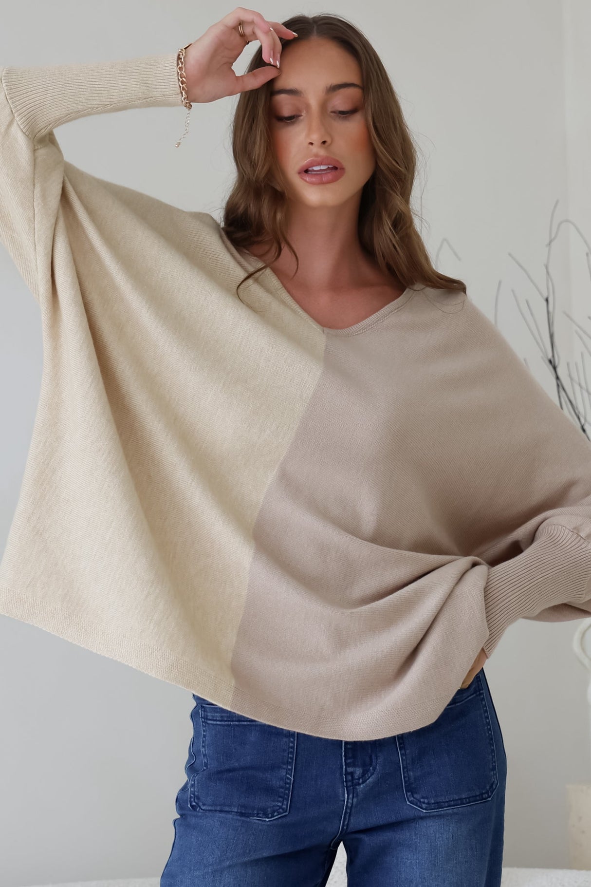 Riven Jumper - Two-Tone Colourblock Boxy Jumper in Beige