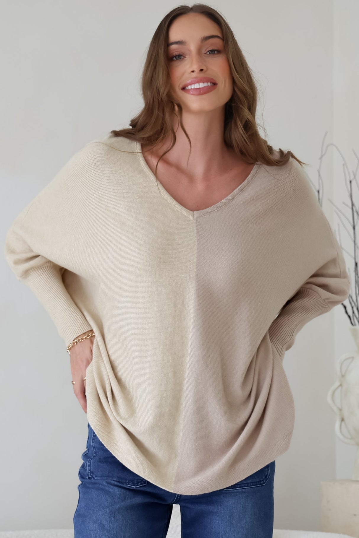 Riven Jumper - Two-Tone Colourblock Boxy Jumper in Beige