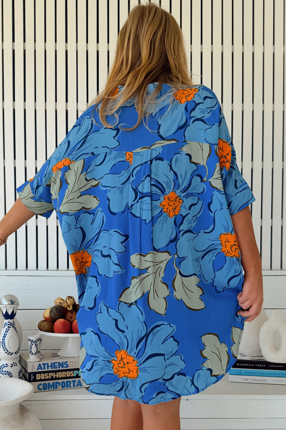 JAASE - River Shirt: Oversized Button Down Shirt with Scoop High-Low Hem in Blue Bell Print