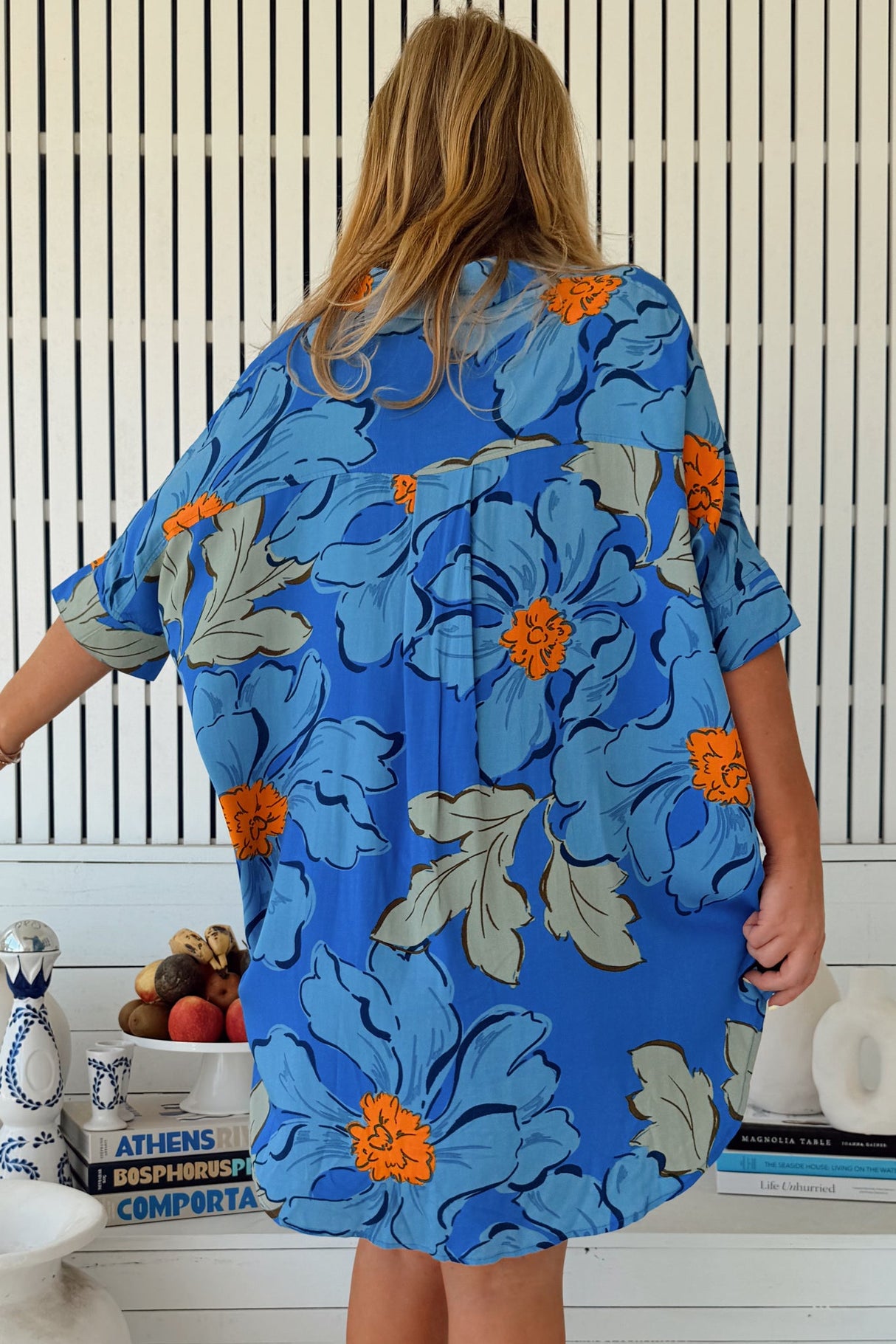 JAASE - River Shirt: Oversized Button Down Shirt with Scoop High-Low Hem in Blue Bell Print