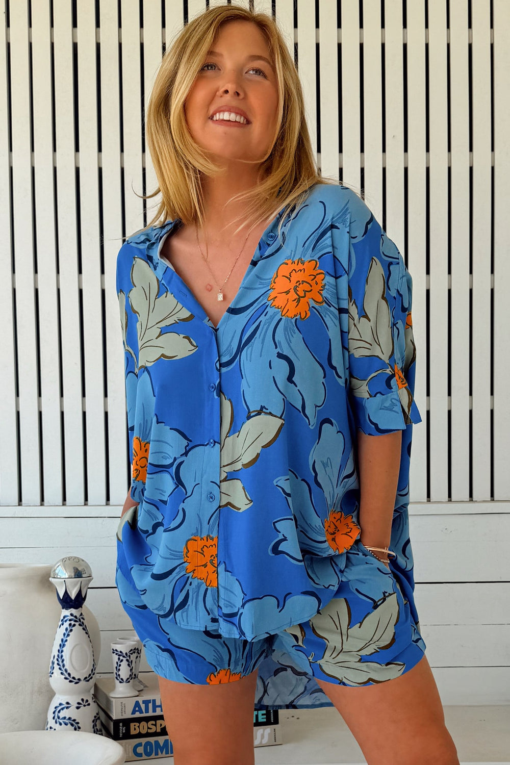 JAASE - Flora Shorts: Elasticated Waist Button Decal Shorts with Pockets in Blue Bell Print