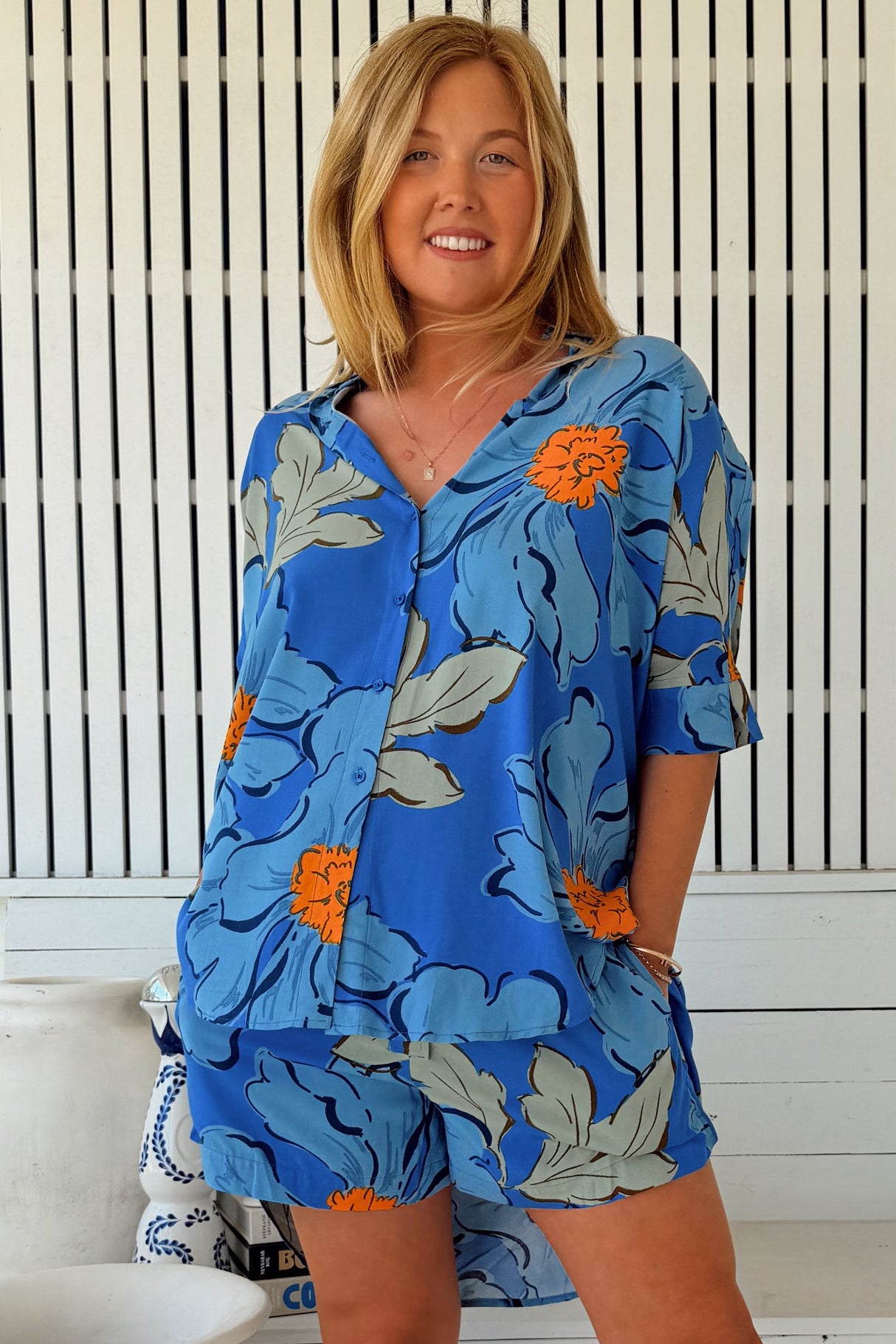JAASE - Flora Shorts: Elasticated Waist Button Decal Shorts with Pockets in Blue Bell Print
