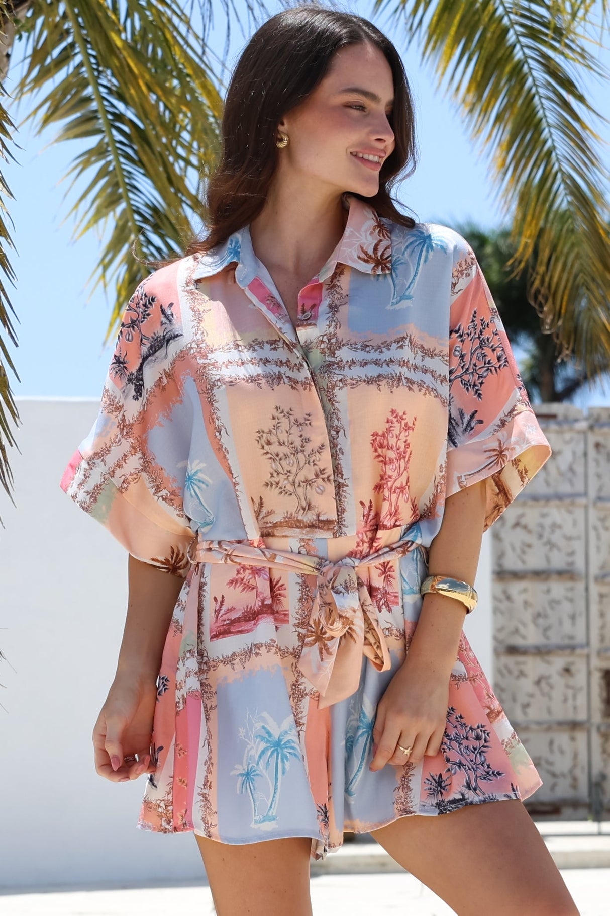 Robina Playsuit - Collared Button Down Front with Detatchable Waist Tie in Haze Print