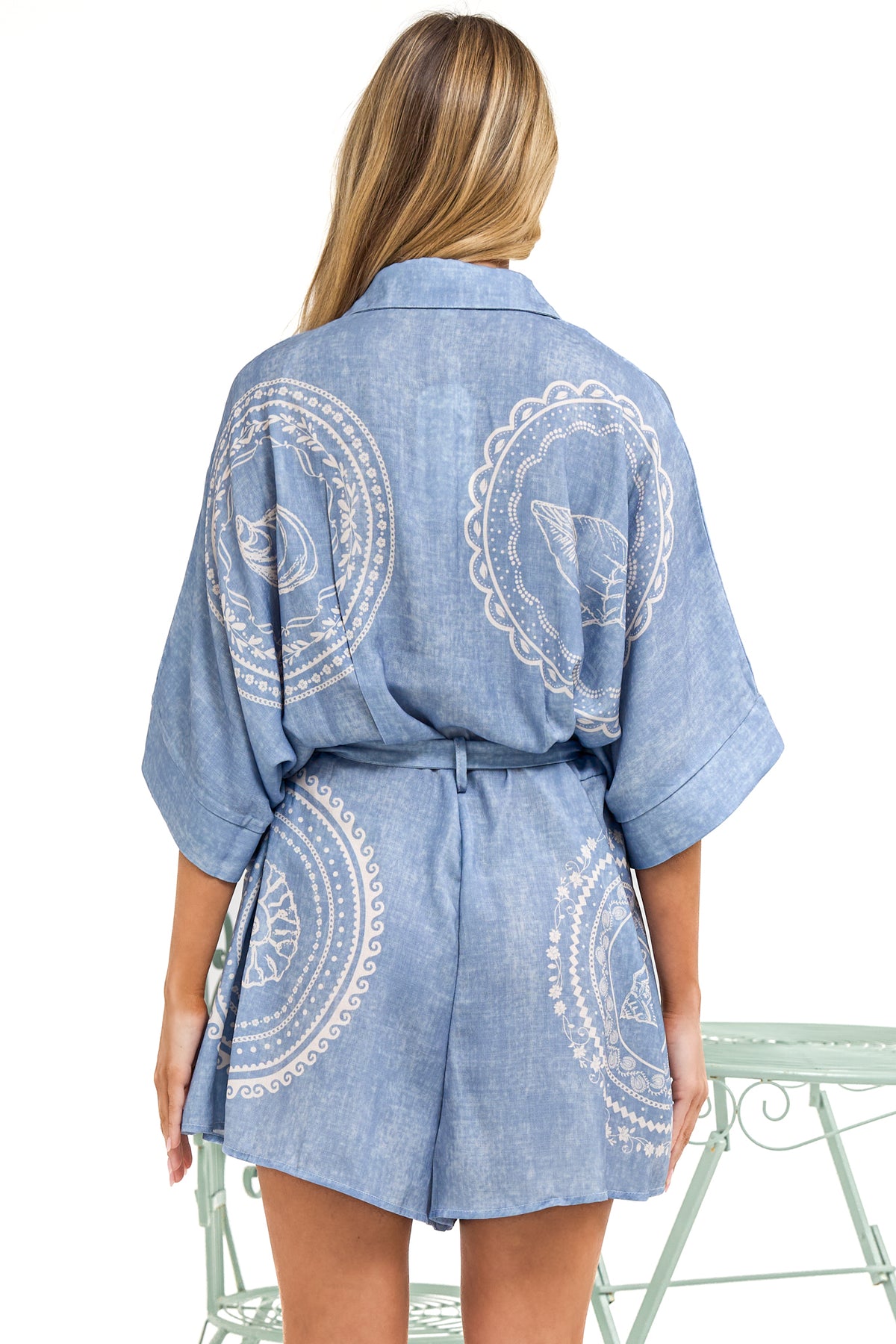Robina Playsuit - Collared Button Down Front with Detatchable Waist Tie in Moana Print