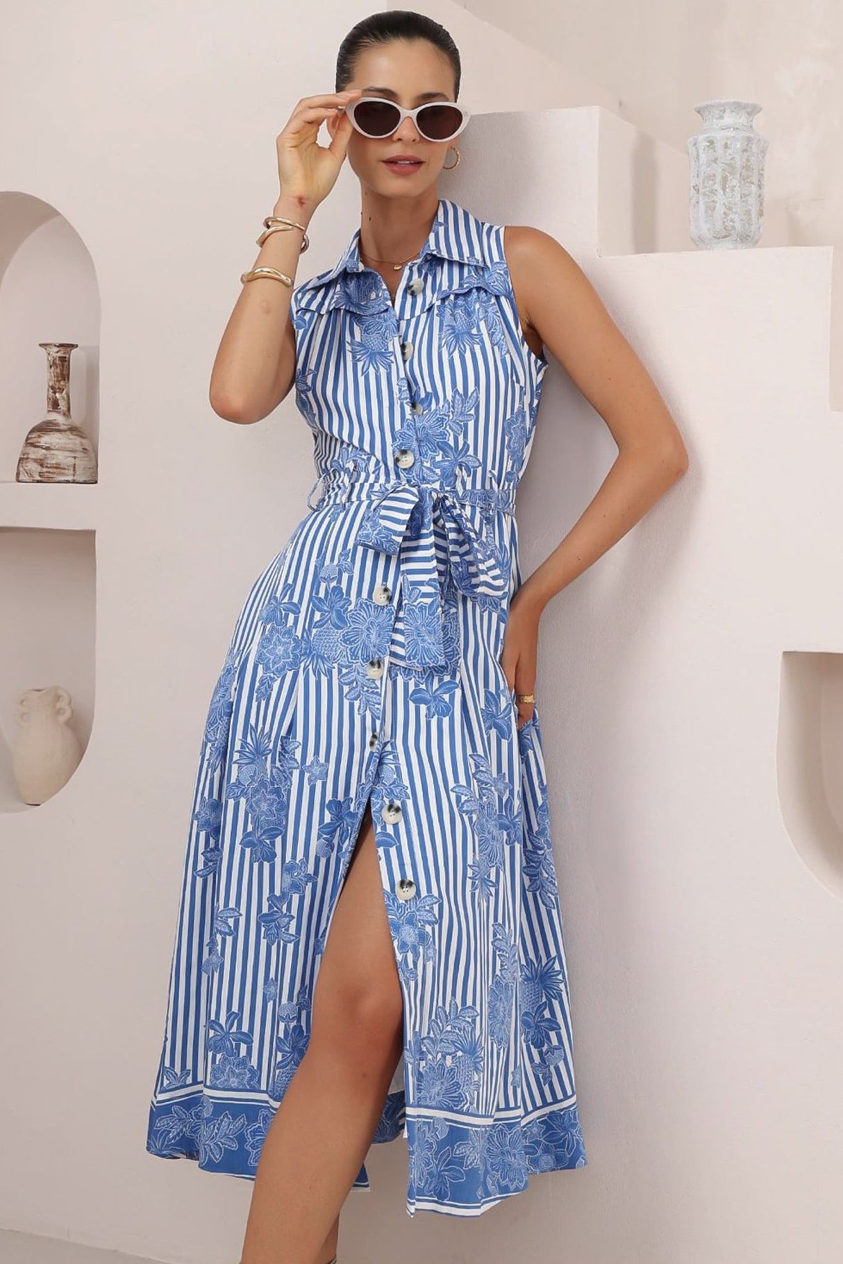 Robinson Midi Dress - Sleeveless Buttoned Down Shirt Dress with Belt in Keller Print