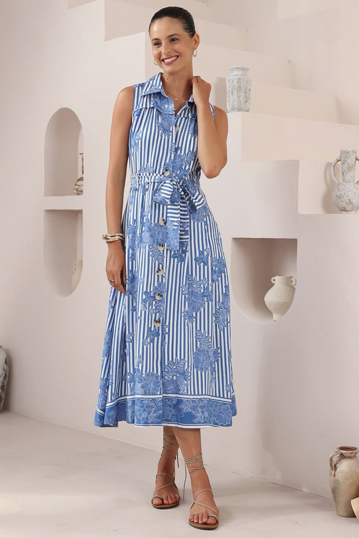 Robinson Midi Dress - Sleeveless Buttoned Down Shirt Dress with Belt in Keller Print