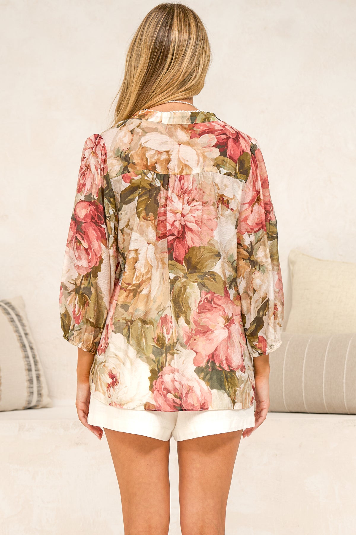 Rochelle Blouse - Mandarin Collar Button Down with Balloon Sleeves in Jovie Print
