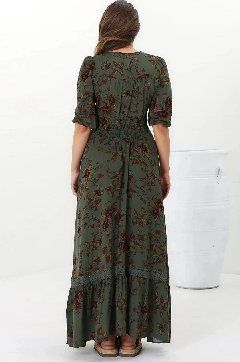 JAASE - Romi Maxi Dress: Button Down 3/4 Sleeve Dress with Waist Tie in Esme Print
