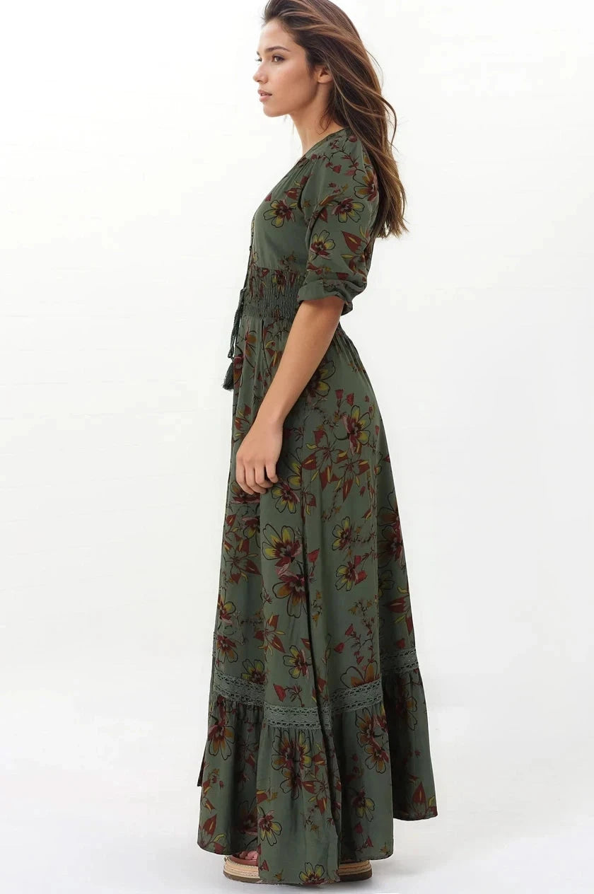 JAASE - Romi Maxi Dress: Button Down 3/4 Sleeve Dress with Waist Tie in Esme Print