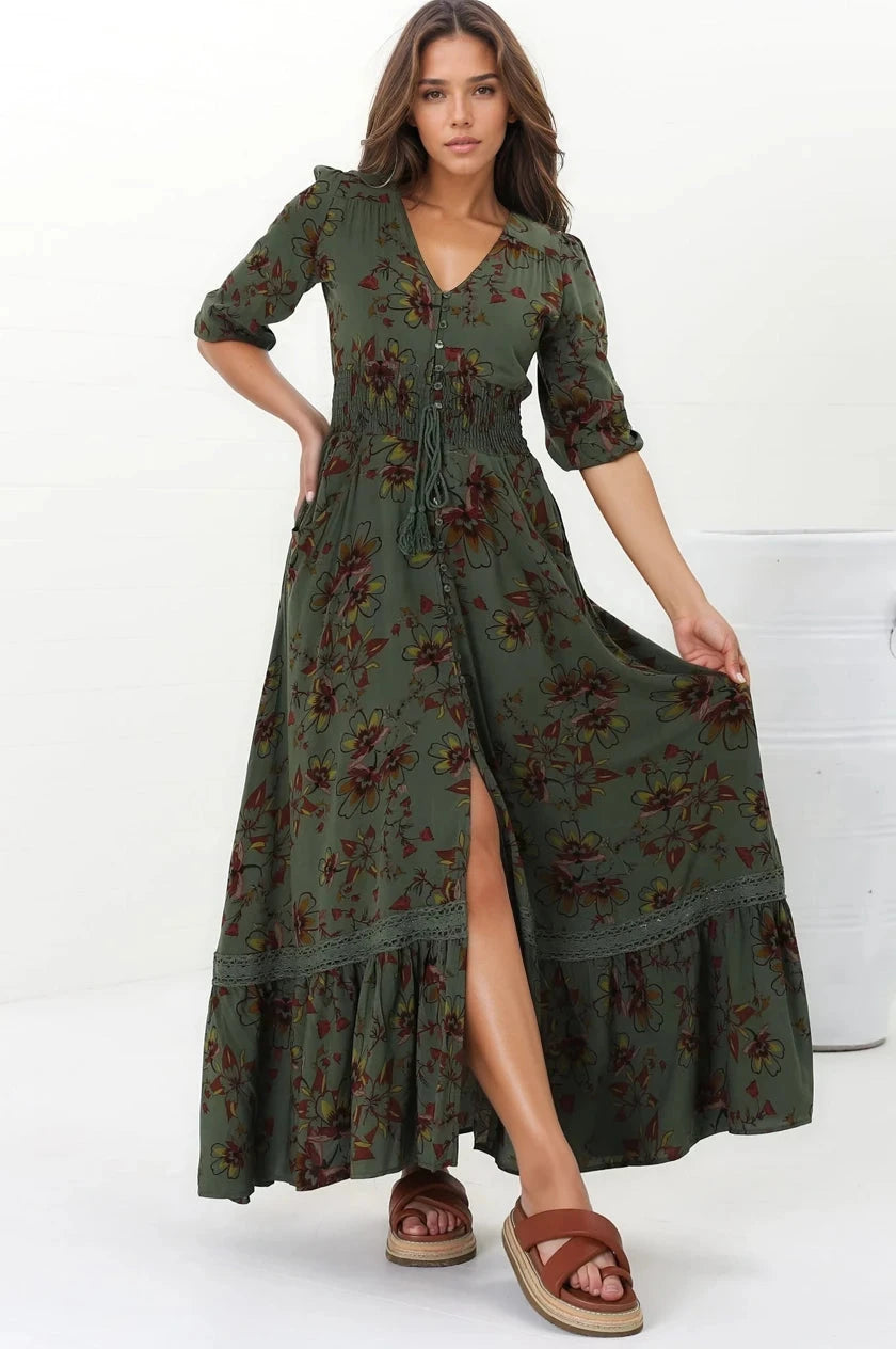 JAASE - Romi Maxi Dress: Button Down 3/4 Sleeve Dress with Waist Tie in Esme Print