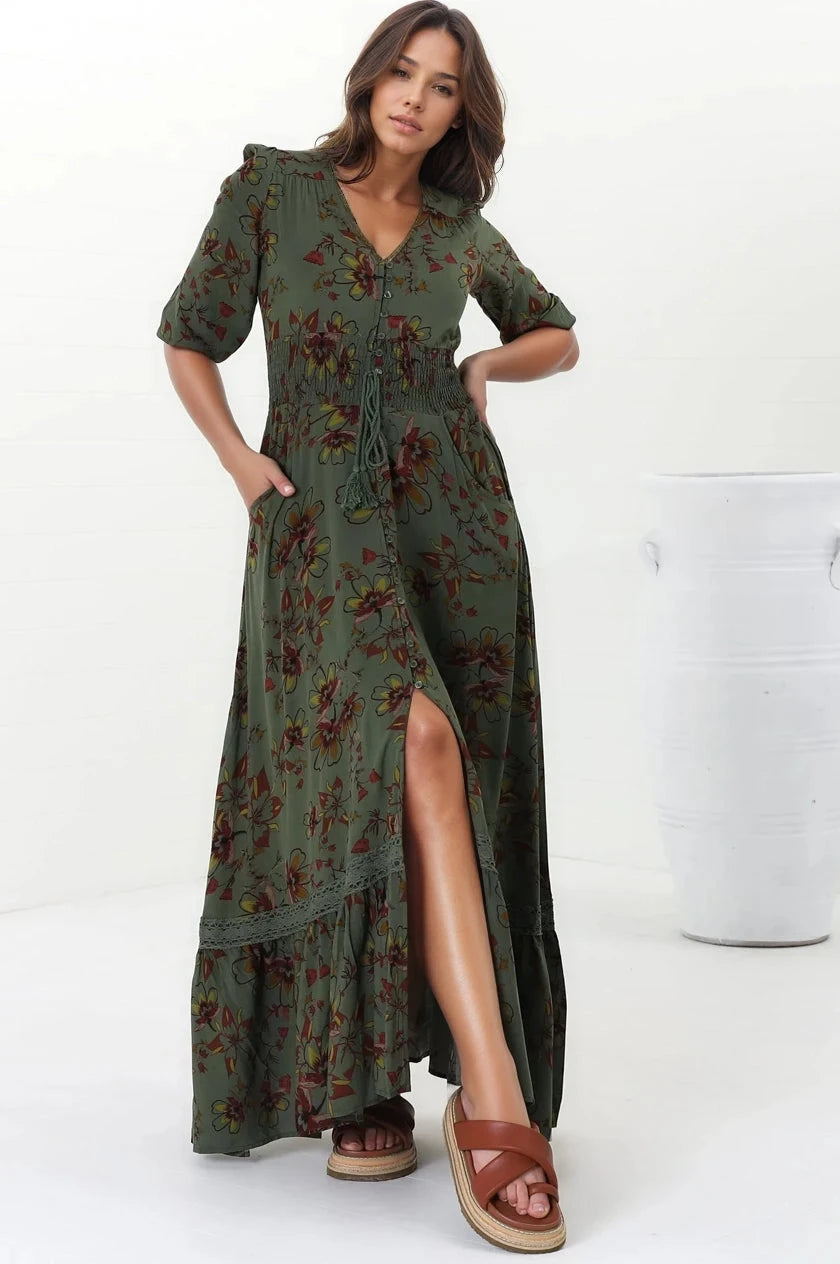 JAASE - Romi Maxi Dress: Button Down 3/4 Sleeve Dress with Waist Tie in Esme Print