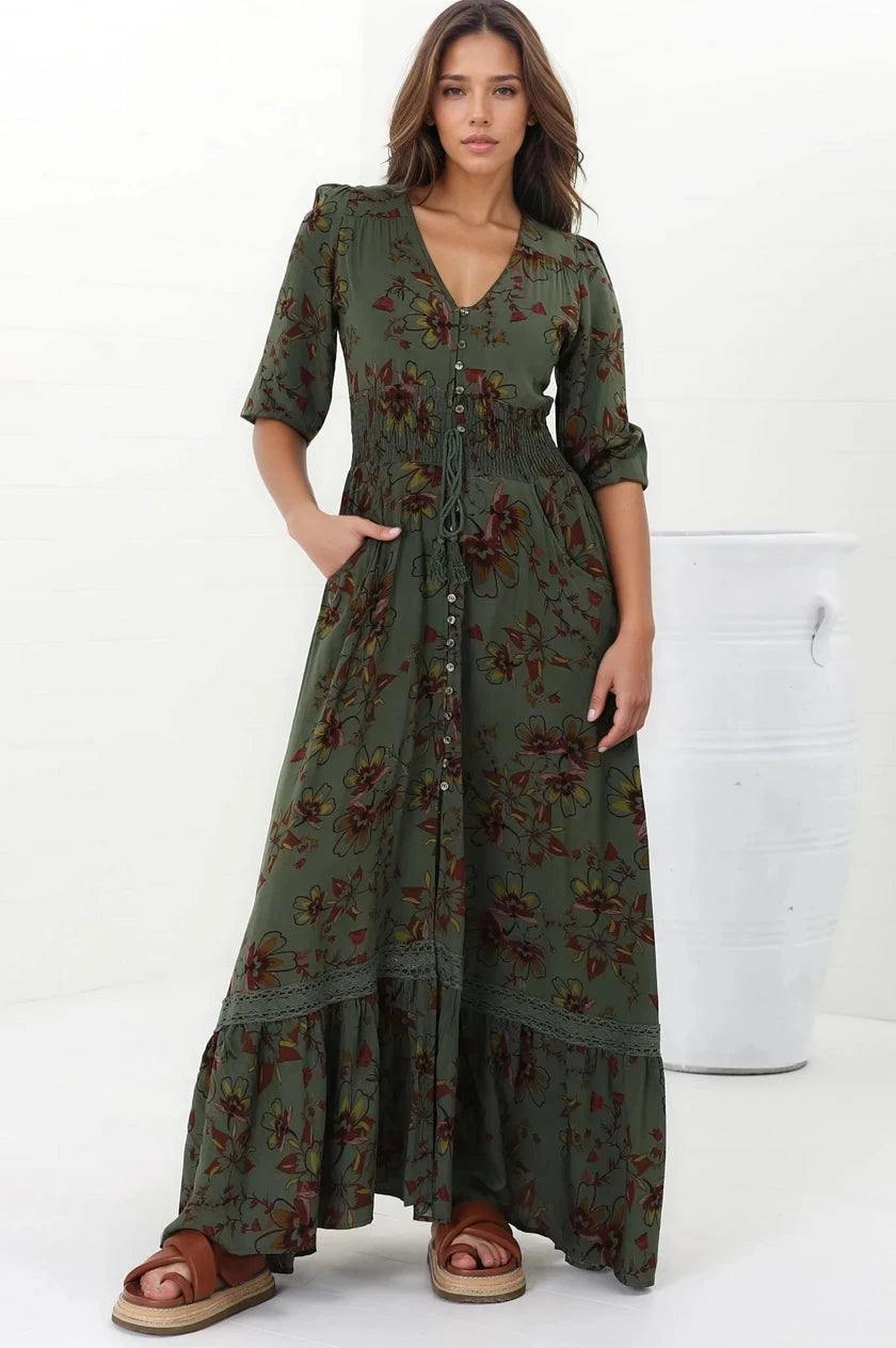 JAASE - Romi Maxi Dress: Button Down 3/4 Sleeve Dress with Waist Tie in Esme Print
