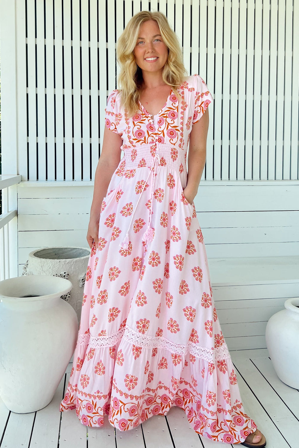 JAASE - Romi Maxi Dress: Button Down Cap Sleeve Dress with Waist Tie in Desert Wildflowers Print