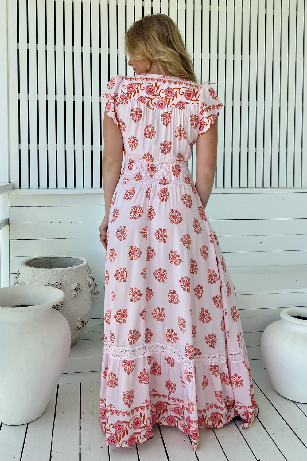 JAASE - Romi Maxi Dress: Button Down Cap Sleeve Dress with Waist Tie in Desert Wildflowers Print