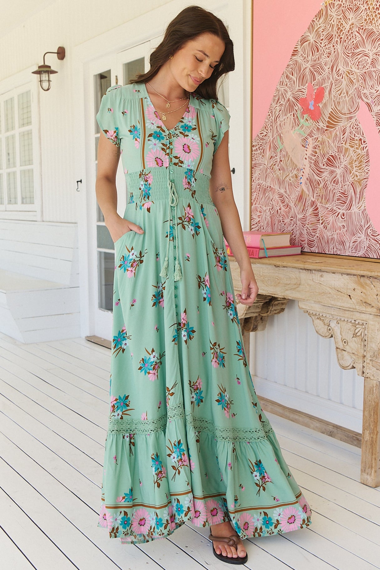 Romi Maxi Dress - Button Down Cap Sleeve Dress with Waist Tie in Maribel Print