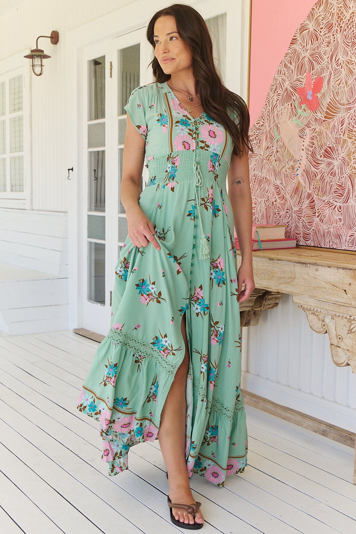 Romi Maxi Dress - Button Down Cap Sleeve Dress with Waist Tie in Maribel Print