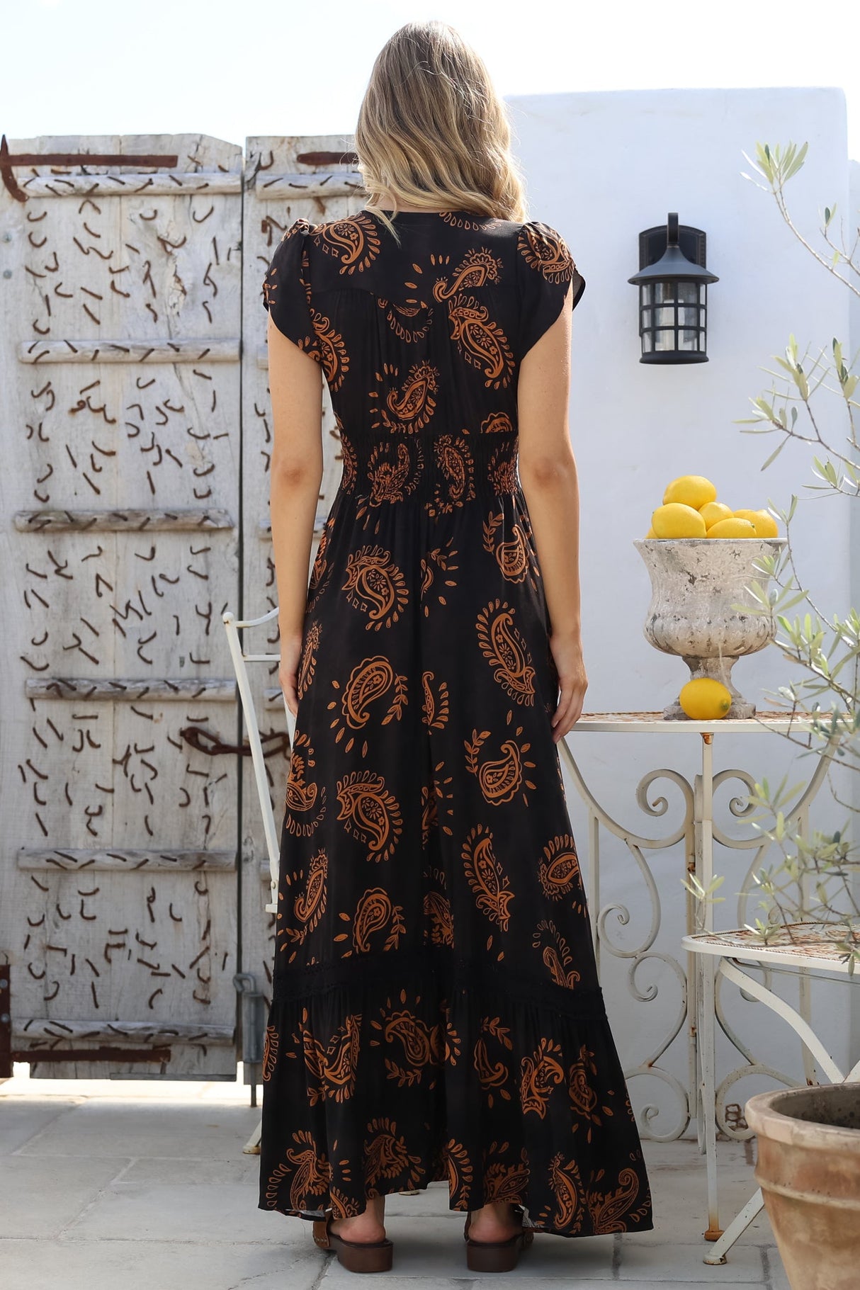 JAASE - Romi Maxi Dress: Button Down Cap Sleeve Dress with Waist Tie in Milan Print