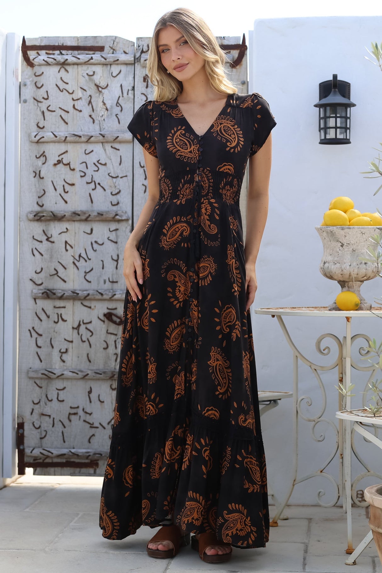 Model wearing Romi Maxi Dress in Milan Print from Salty Crush