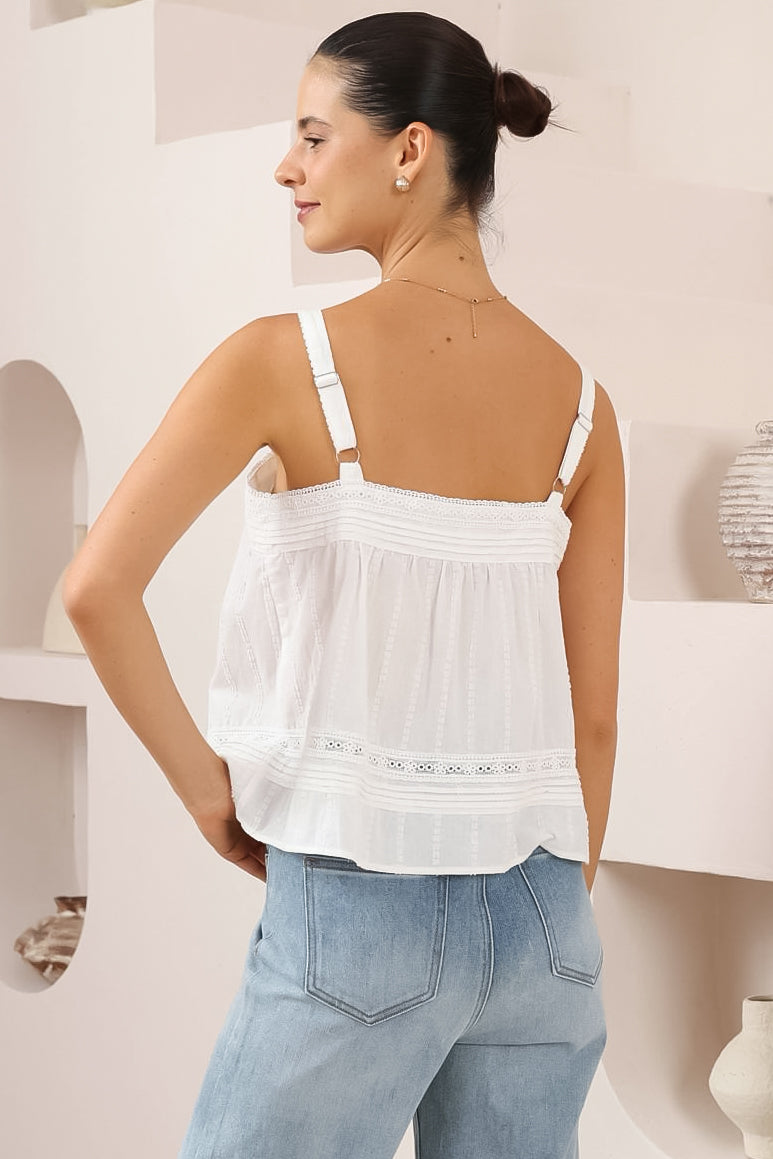 Romia Top - Embroidered and Lace Detailed Button-Down Cami in White