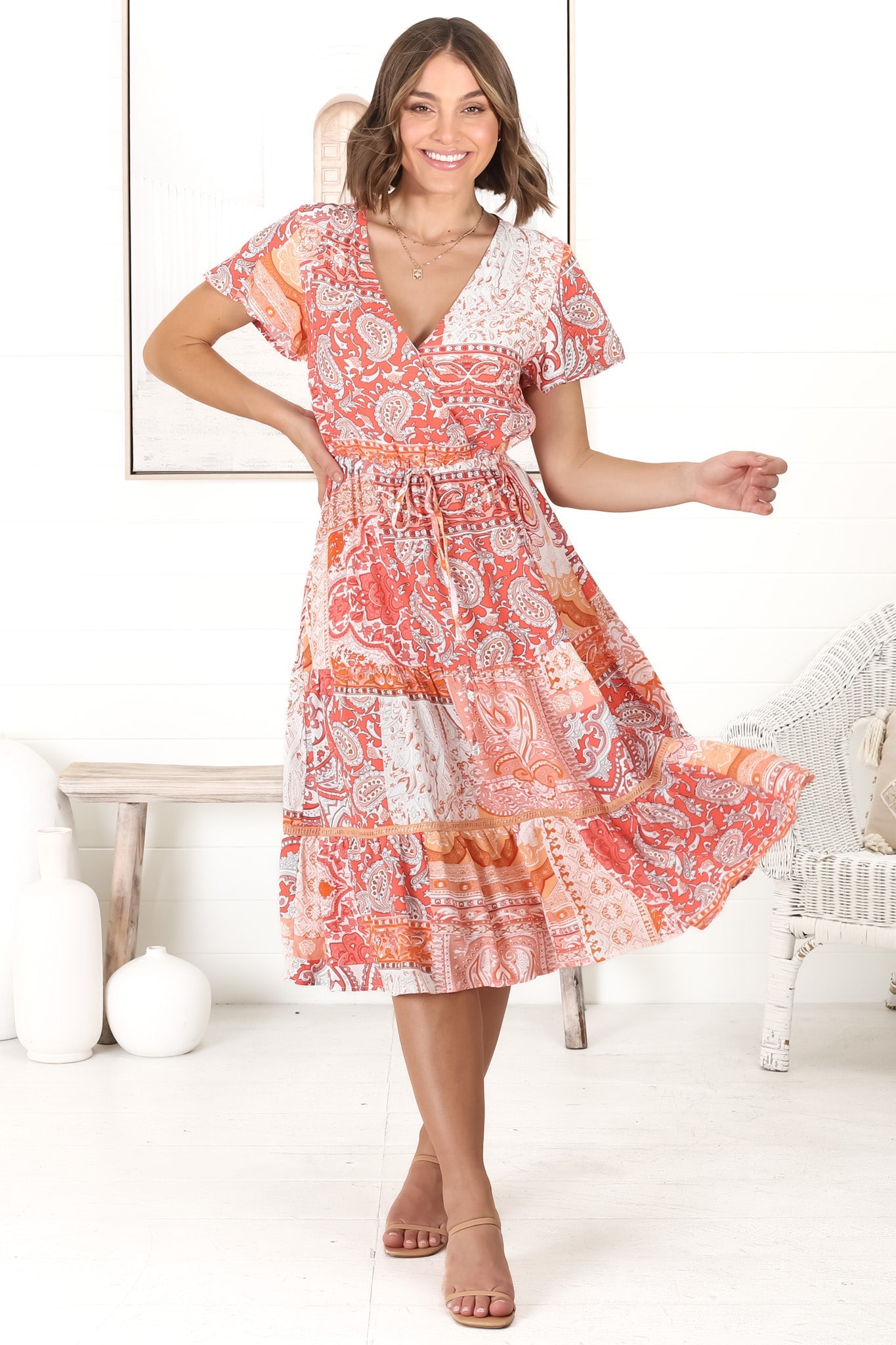 Kris Midi Dress - Cross Bodice A Line Dress with Crochet Spilicing in Lemzie Print Coral