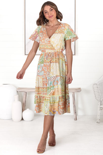 Kris Midi Dress - Cross Bodice A Line Dress with Crochet Spilicing in Lemzie Print Yellow