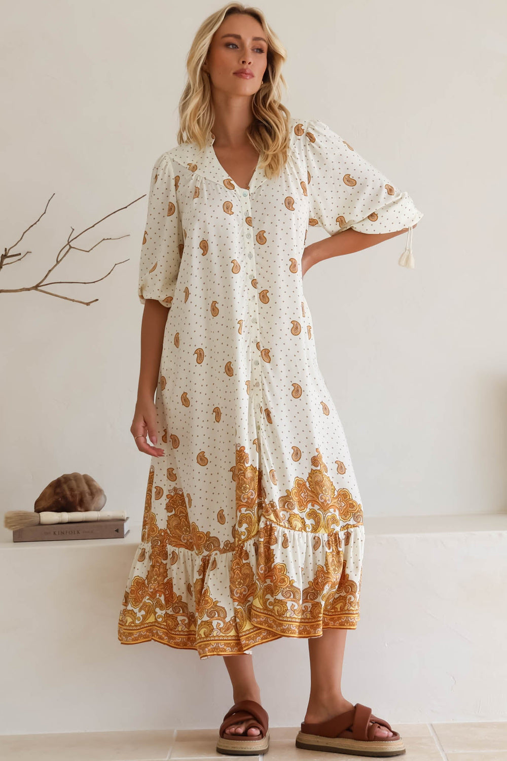 JAASE - Rosalie Maxi Dress: Mandarin Collar Button Down Dress in Sundown Print