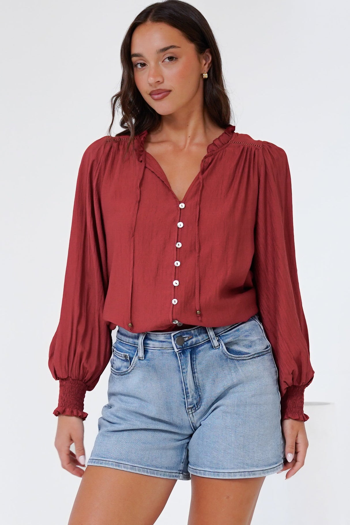 Rosewood Blouse - V-Neck Buttoned Down with Long Balloon Sleeves in Rust