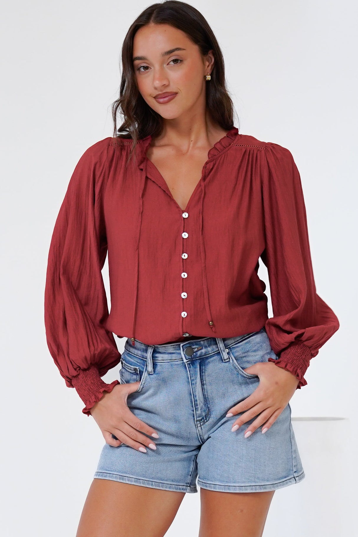 Rosewood Blouse - V-Neck Buttoned Down with Long Balloon Sleeves in Rust