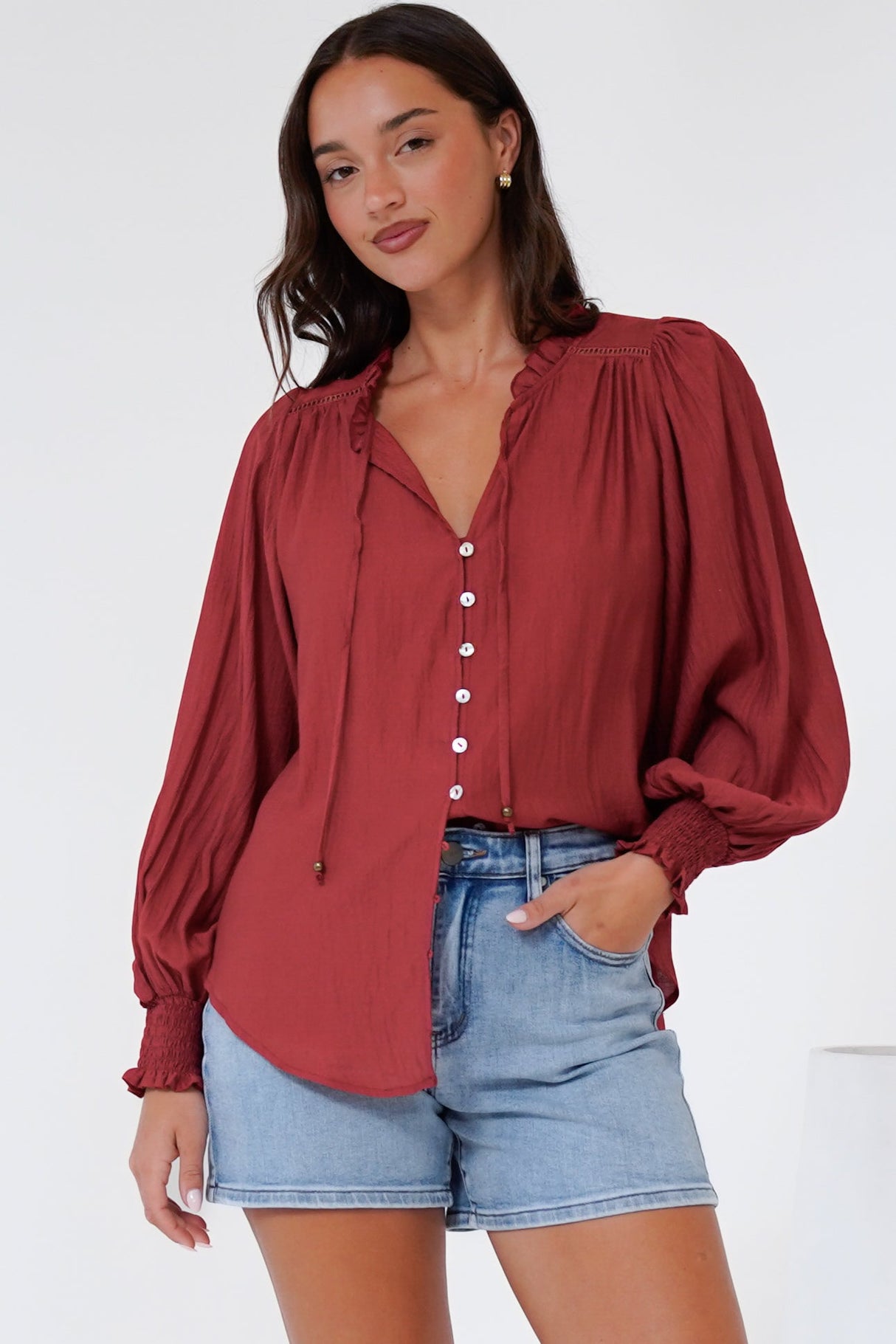 Rosewood Blouse - V-Neck Buttoned Down with Long Balloon Sleeves in Rust